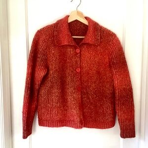 Vintage Hand Knit Button Down Long Sleeve Cardigan Orange Boucle Size S/M Jacket